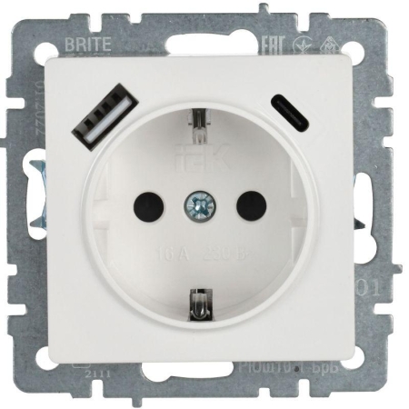 Розетка BRITE РЮш11-1-БрБ 16А с USB A+C 18Вт с заземл. защ. шторки механизм бел. IEK BR-R14-16-U22-018-K01