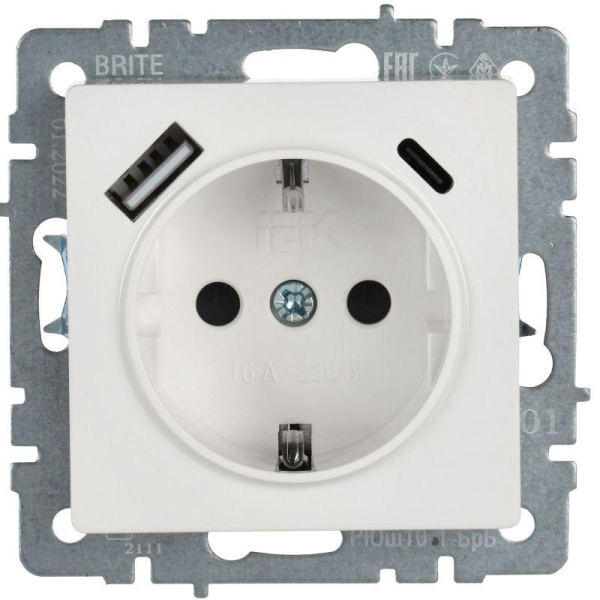 Розетка BRITE РЮш11-1-БрБ 16А с USB A+C 18Вт с заземл. защ. шторки механизм бел. IEK BR-R14-16-U22-018-K01