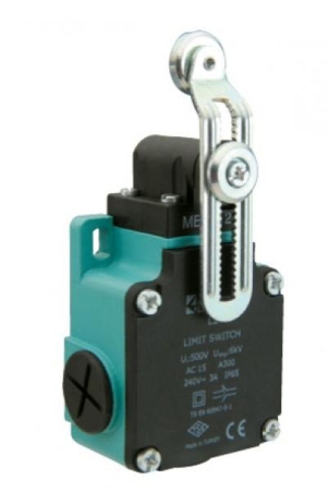 Выключатель концевой быстрого переключения угловой 2-направленный с пластмас. консолью метал. роликом Ф18мм на регулируемом изогнутым рычаге (1НО+1НЗ) EMAS L2K13MEM124