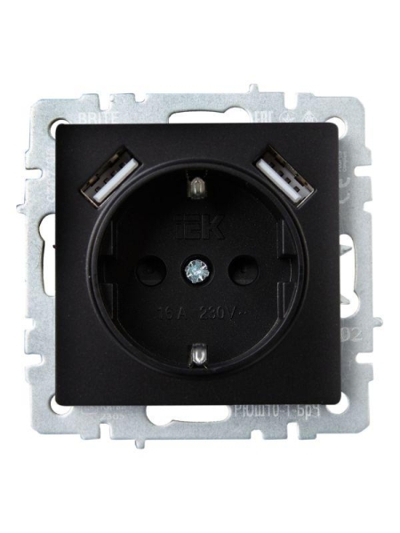 Розетка BRITE РЮш10-1-БрЧ 16А с USB A+A 2.1А с заземл. защ. шторки механизм черн. IEK BR-R14-16-U21-D21-K02