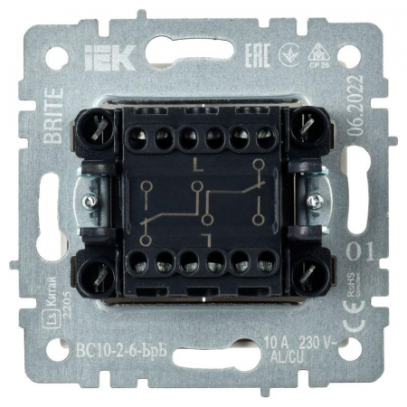 Выключатель проходной 2-кл. СП BRITE ВС10-2-6-БрБ 10А механизм бел. IEK BR-V22-0-10-K01