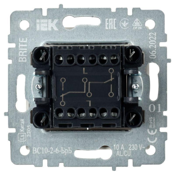 Выключатель проходной 2-кл. СП BRITE ВС10-2-6-БрБ 10А механизм бел. IEK BR-V22-0-10-K01