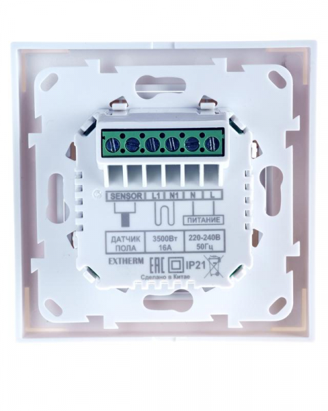Термостат програмируемый с сенсорными кнопками и датчиком темпер. пола без расписания совместим с рамками с внутрен. размером 56х56мм Schneider Unica Exxact и Legrand Valena бел. Extherm ET-43(w)