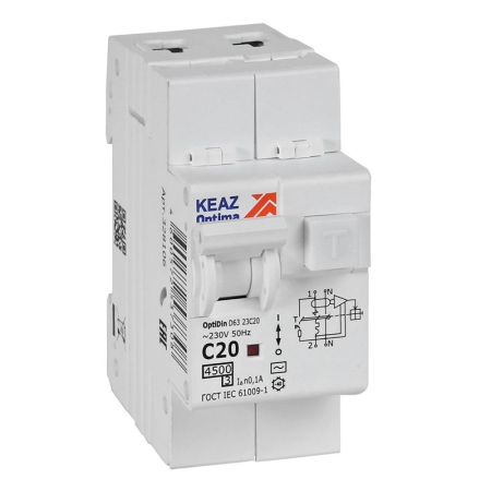 Выключатель автоматический дифференциального тока 2п OptiDin D63-23C20-AC-У3 C20 100мА 4.5кА с защитой от сверхтоков КЭАЗ 328106