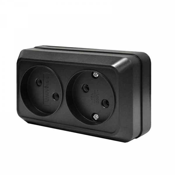 Розетка 2-м ОП Олимп 16А IP20 без заземл. черн. Universal 2215