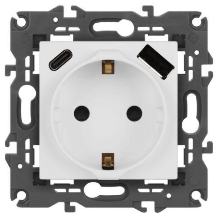 Розетка Elegance 14-4108-01М 16A 250В 2P+E защ. шторки с USB type-A+C 3А 5В матов. бел. Эра Б0067710
