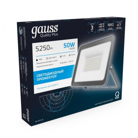 Прожектор светодиодный Qplus 50Вт 6500К IP65 5250лм 200-240В ДО графит. GAUSS 690511350