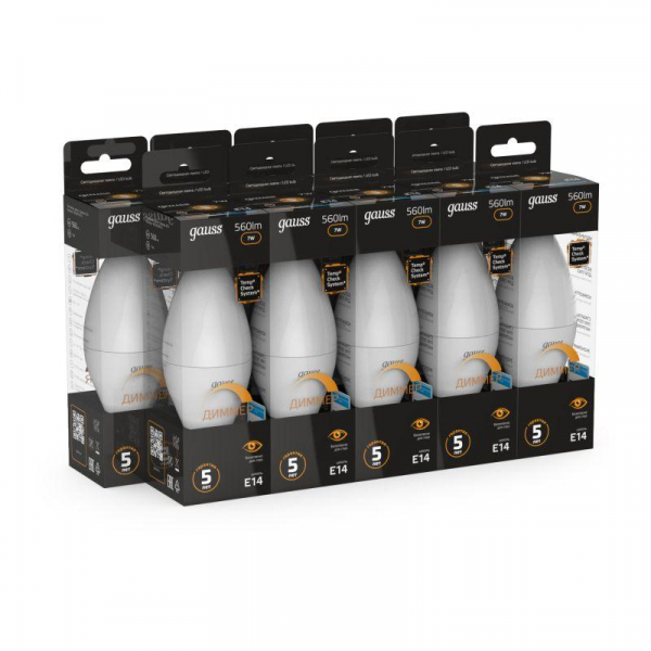 Лампа светодиодная Black 7Вт свеча 3000К тепл. бел. E14 560лм диммир. GAUSS 103101107-D