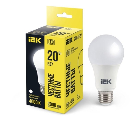 Лампа светодиодная 20Вт A60 грушевидная 4000К нейтр. бел. E27 230В IEK LLE-A60-20-230-40-E27