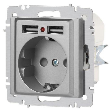 Розетка 1-м СП Accent 6-410-03 16А IP20 250В P+E Schuko + 2хUSB защ. шторки алюм. Intro Б0063694