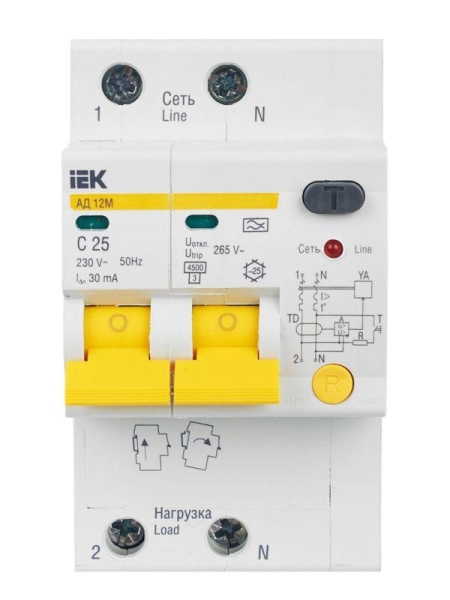 Выключатель автоматический дифференциального тока 2п C 25А 30мА тип A 4.5кА АД-12М KARAT IEK MAD12-2-025-C-030
