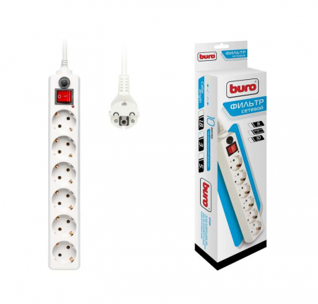 Удлинитель с сетевым фильтром 6х3м с заземл. 10А IP20 600SH-3-W 2.2кВт CCA бел. BURO 992266