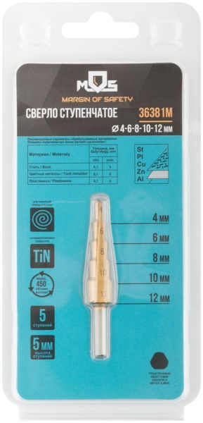 Сверло ступенчатое HSS по металлу 5 ступеней 4-12мм MOS 36381М