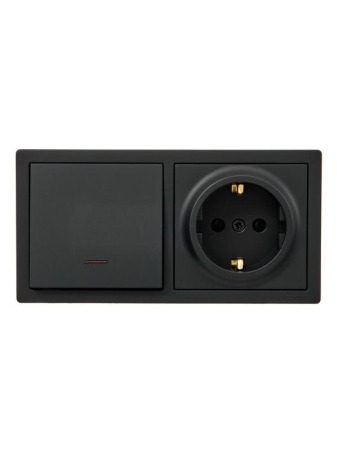 Блок выключатель 1-клав. с инд. и розетка 1-местн с заземл. LETO черн. бархат горизонталь LEZARD 752-4200-170BIP