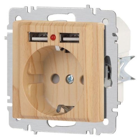 Розетка 1-м СП Accent 6-410-11 16А IP20 250В P+E Schuko + 2хUSB защ. шторки сосна Intro Б0063720