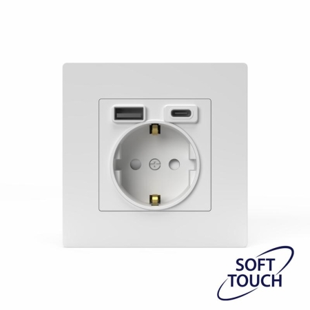 Розетка 1-м СП Pixel IP20 с заземл. с 2-мя заряд. устр. USB тип A+C механизм айс TOKOV ELECTRIC TKE-PX-R1U2AC-C34