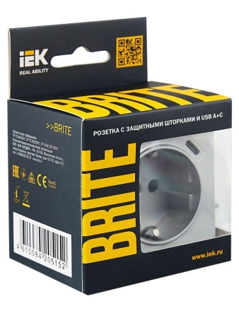 Розетка BRITE РЮш11-1-БрА 16А с USB A+C 18Вт с заземл. защ. шторки механизм алюм. IEK BR-R14-16-U22-018-K47