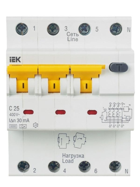 Выключатель автоматический дифференциального тока 4п (3P+N) C 25А 30мА тип A 6кА АВДТ-34 KARAT IEK MAD22-6-025-C-30