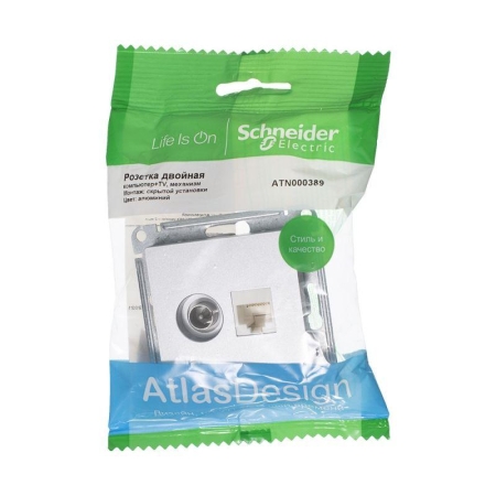 Розетка компьютерная + телевизионная 2-м СП AtlasDesign RJ45 кат.5E + TV механизм алюм. SE ATN000389