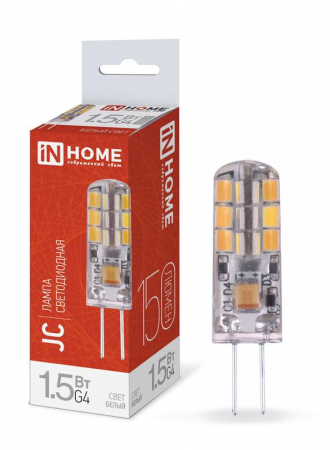 Лампа светодиодная LED-JC 1.5Вт капсульная прозрачная 4000К нейтр. бел. G4 150лм 12В IN HOME 4690612035963