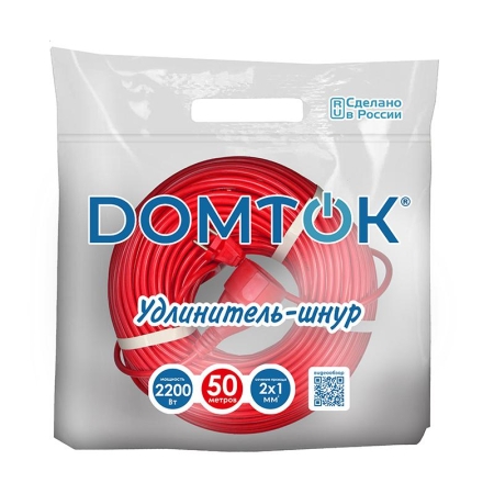 Удлинитель-шнур 1х50м без заземл. 10А IP20 2.2кВт ПВС 2х1 DOMTOK 2505