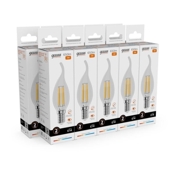 Лампа светодиодная филаментная Filament Elementary 10Вт свеча на ветру 2700К Е14 650лм GAUSS 42110