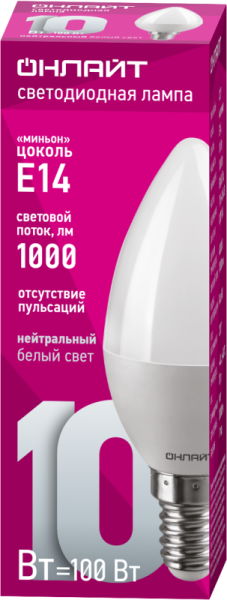 Лампа светодиодная 61 957 OLL-C37-10-230-4K-E14-FR 10Вт свеча 4000К нейтр. бел. E14 1000лм 176-264В ОНЛАЙТ 61957