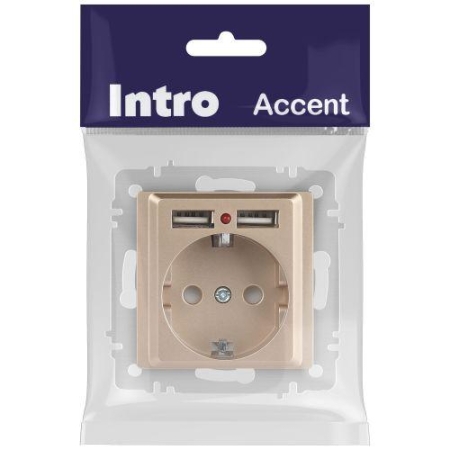 Розетка 1-м СП Accent 6-410-04 16А IP20 250В P+E Schuko + 2хUSB защ. шторки шампань Intro Б0063696