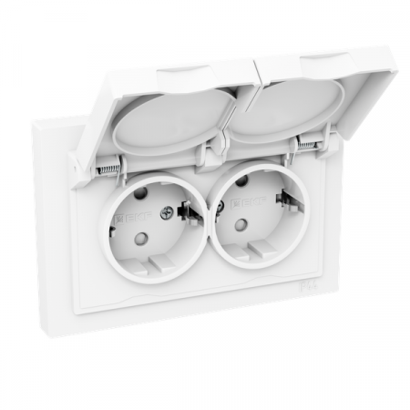 Розетка 2-м СП Эпика 16А IP44 с заземл. защ. шторки с рамкой с крышками механизм бел. EKF UP1-SOW-211-44