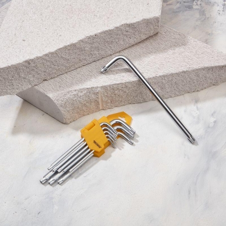 Набор ключей имбусовых Tamper-Torx 9шт ТТ10-ТТ50 закаленные удлиненные никель Kranz KR-12-5221