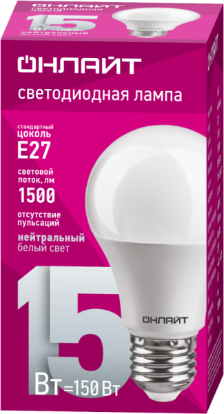 Лампа светодиодная 61 150 OLL-A60-15-230-4K-E27 15Вт грушевидная 4000К нейтр. бел. E27 1500лм 176-264В ОНЛАЙТ 61150