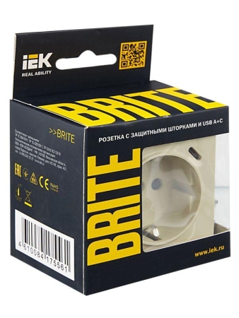 Розетка BRITE РЮш11-1-БрКр 16А с USB A+C 18Вт с заземл. защ. шторки механизм беж. IEK BR-R14-16-U22-018-K10