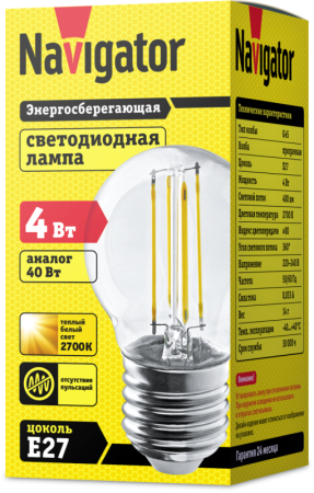 Лампа светодиодная 71 310 NLL-F-G45-4-230-2.7K-E27 4Вт шар 2700К тепл. бел. E27 350лм 220-240В Navigator 71310