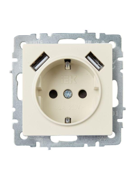 Розетка BRITE РЮш10-1-БрКр 16А с USB A+A 2.1А с заземл. защ. шторки механизм беж. IEK BR-R14-16-U21-D21-K10