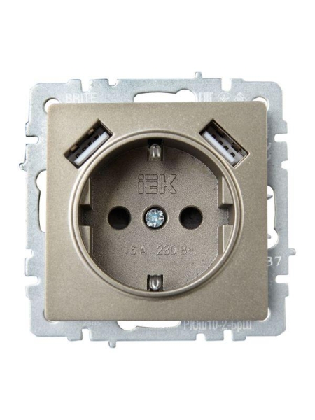 Розетка BRITE РЮш10-2-БрШ 16А с USB A+A 3.1А с заземл. защ. шторки механизм шампань IEK BR-R14-16-U21-D31-K37