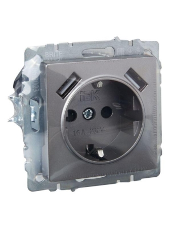Розетка BRITE РЮш10-1-БрС 16А с USB A+A 2.1А с заземл. защ. шторки механизм сталь IEK BR-R14-16-U21-D21-K46