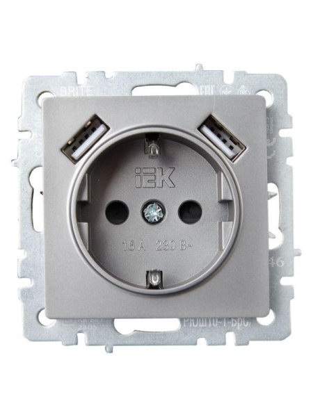 Розетка BRITE РЮш10-1-БрС 16А с USB A+A 2.1А с заземл. защ. шторки механизм сталь IEK BR-R14-16-U21-D21-K46