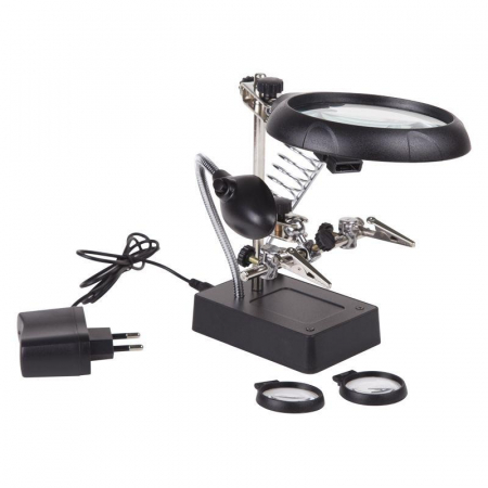 Держатель "третья рука" с лупой х2.5 подставка под паяльник LED подсветка Rexant 12-0250