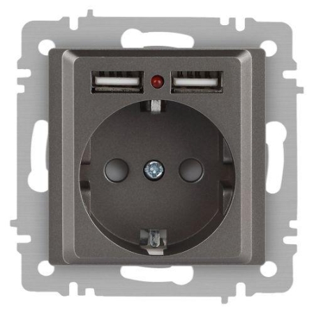 Розетка 1-м СП Accent 6-410-09 16А IP20 250В P+E Schuko + 2хUSB защ. шторки титан Intro Б0063711