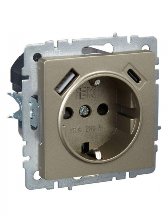 Розетка BRITE РЮш11-1-БрШ 16А с USB A+C 18Вт с заземл. защ. шторки механизм шампань IEK BR-R14-16-U22-018-K37