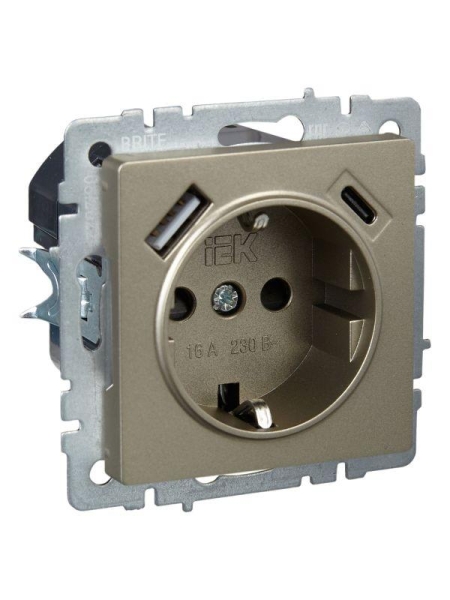 Розетка BRITE РЮш11-1-БрШ 16А с USB A+C 18Вт с заземл. защ. шторки механизм шампань IEK BR-R14-16-U22-018-K37