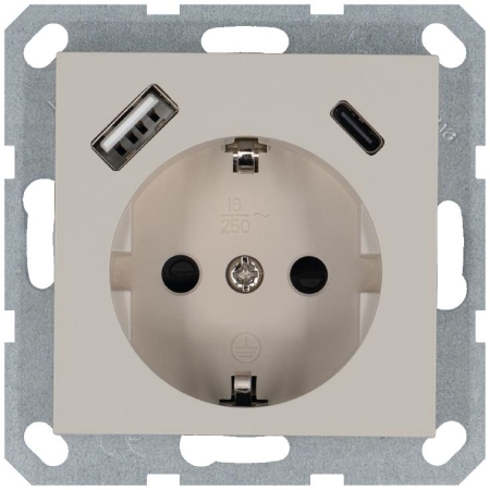 Розетка Shuko 16А с заземл. защ. шторки с 2-мя заряд. устройствами USB тип A+C 25Вт механизм тауп Jasmart G5501USB-25T