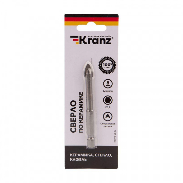 Сверло по стеклу и керамике 8мм ((шестигранный хвостовик) Kranz KR-91-0643