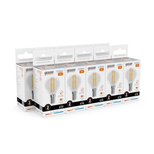 Лампа светодиодная филаментная Filament Elementary 8Вт шар 2700К Е14 510лм GAUSS 52118