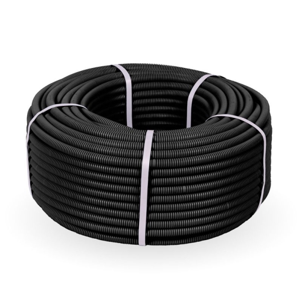 Труба гофрированная ПНД тяжелая d16мм с протяжкой 750 Н безгалоген. (HF) стойкая к УФ черн. (уп.100м) Промрукав PR.021641