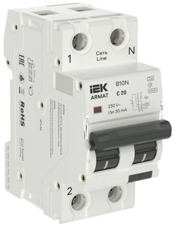 Выключатель автоматический дифференциального тока 2п (1P+NP) C 20 30мА тип A АВДТ B10N 36мм ARMAT IEK AR-B10N-1N-C020A030