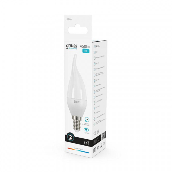 Лампа светодиодная Elementary 6Вт свеча на ветру 4100К нейтр. бел. E14 450лм GAUSS 34126