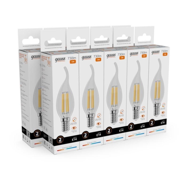 Лампа светодиодная филаментная Filament Elementary 12Вт свеча на ветру 2700К Е14 730лм GAUSS 42112