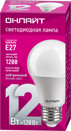 Лампа светодиодная 71 655 OLL-А60-12-230-4K-E27 12Вт грушевидная 4000К нейтр. бел. E27 1200лм 176-264В ОНЛАЙТ 71655