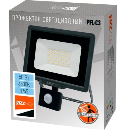 Прожектор светодиодный PFL-C3 SENSOR 50Вт 6500К IP65 ДО закален. прозр. стекло датчик движения инфракрасный Pro JazzWay 5026940A